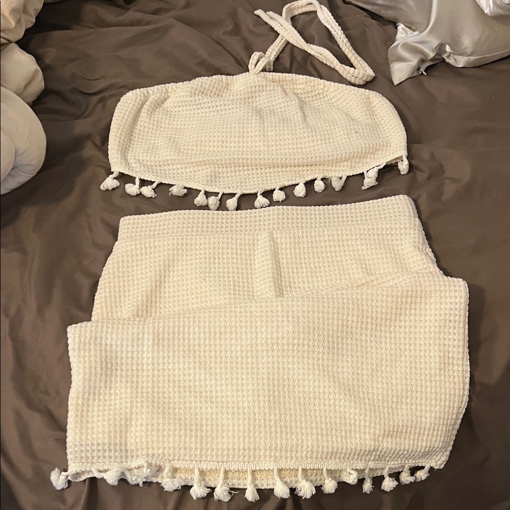 Cream Knit Tassel Top and Skirt Set